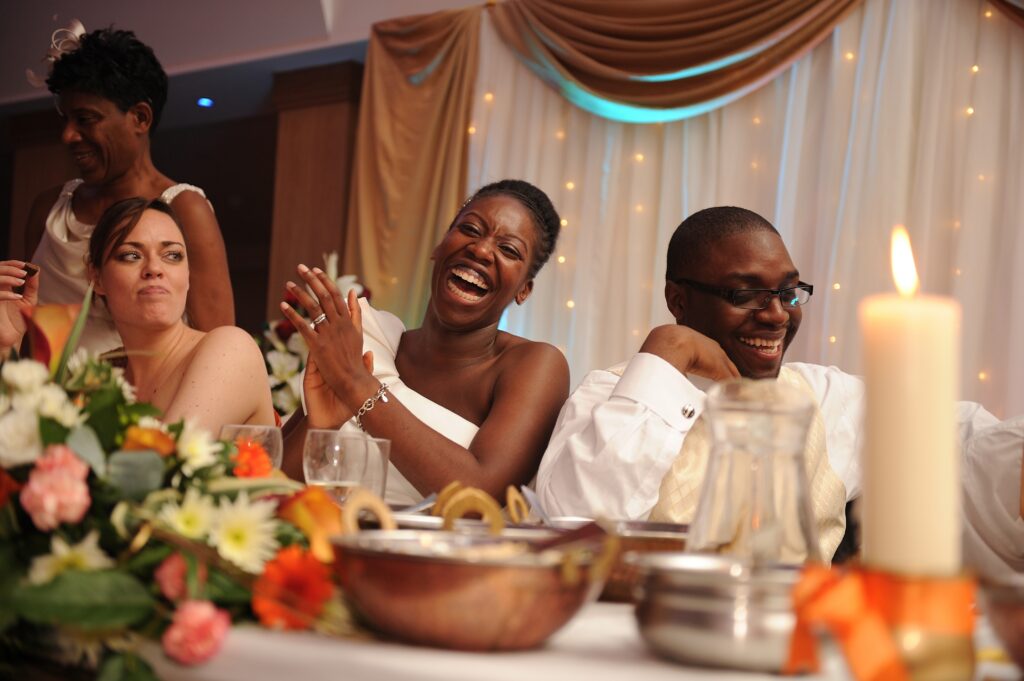 Bride, groom and bridesmaid